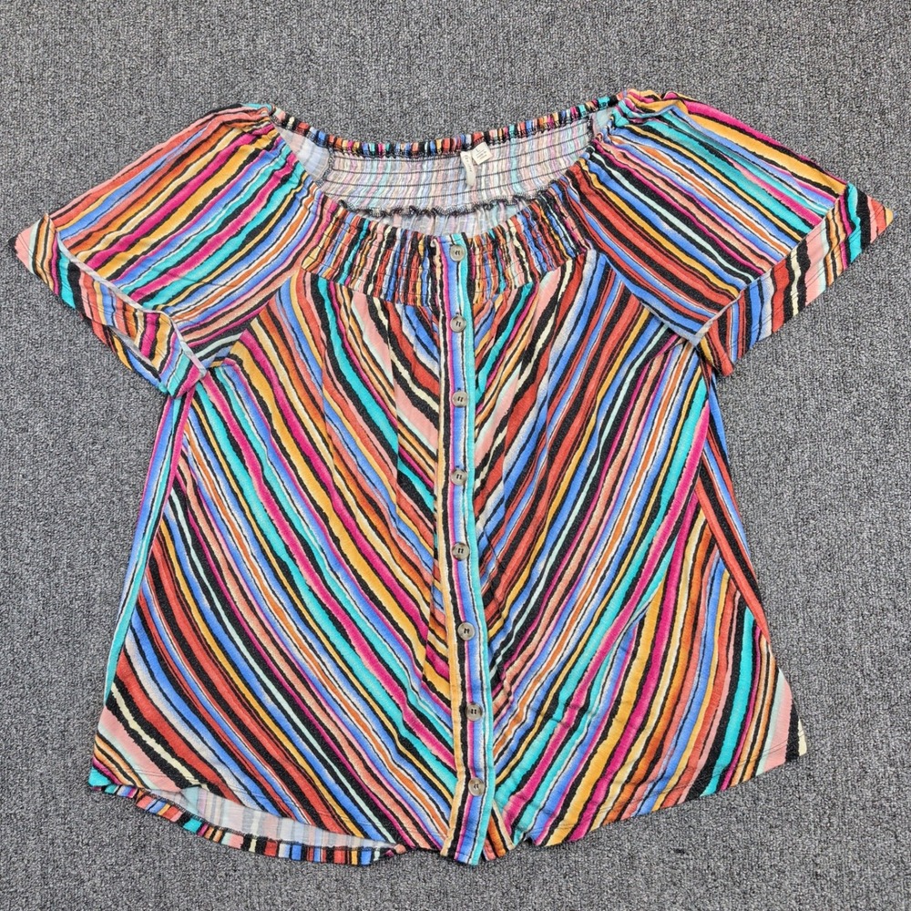 EST. 1946 Boho Striped Off Shoulder Smocked Button‎ Front Top Large Multi-Color